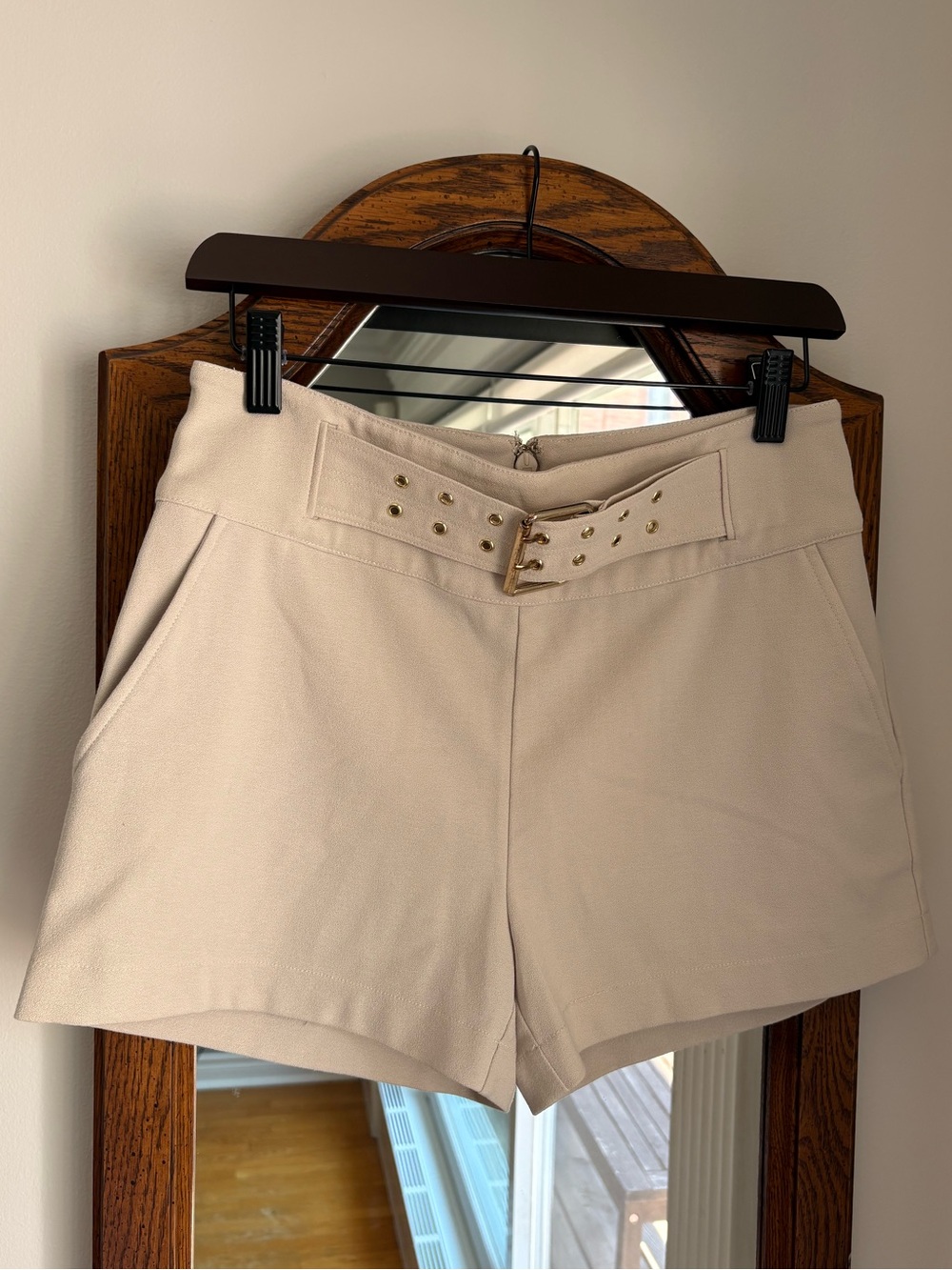 Marciano Cream High-Waist Mini Shorts with Gold Buckle